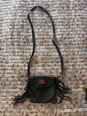 Black Fringe Crossbody Bag with Red Accent